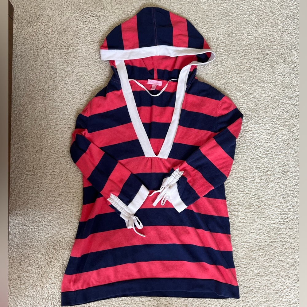 Lilly Pulitzer thin striped hooded sweater, coral/navy